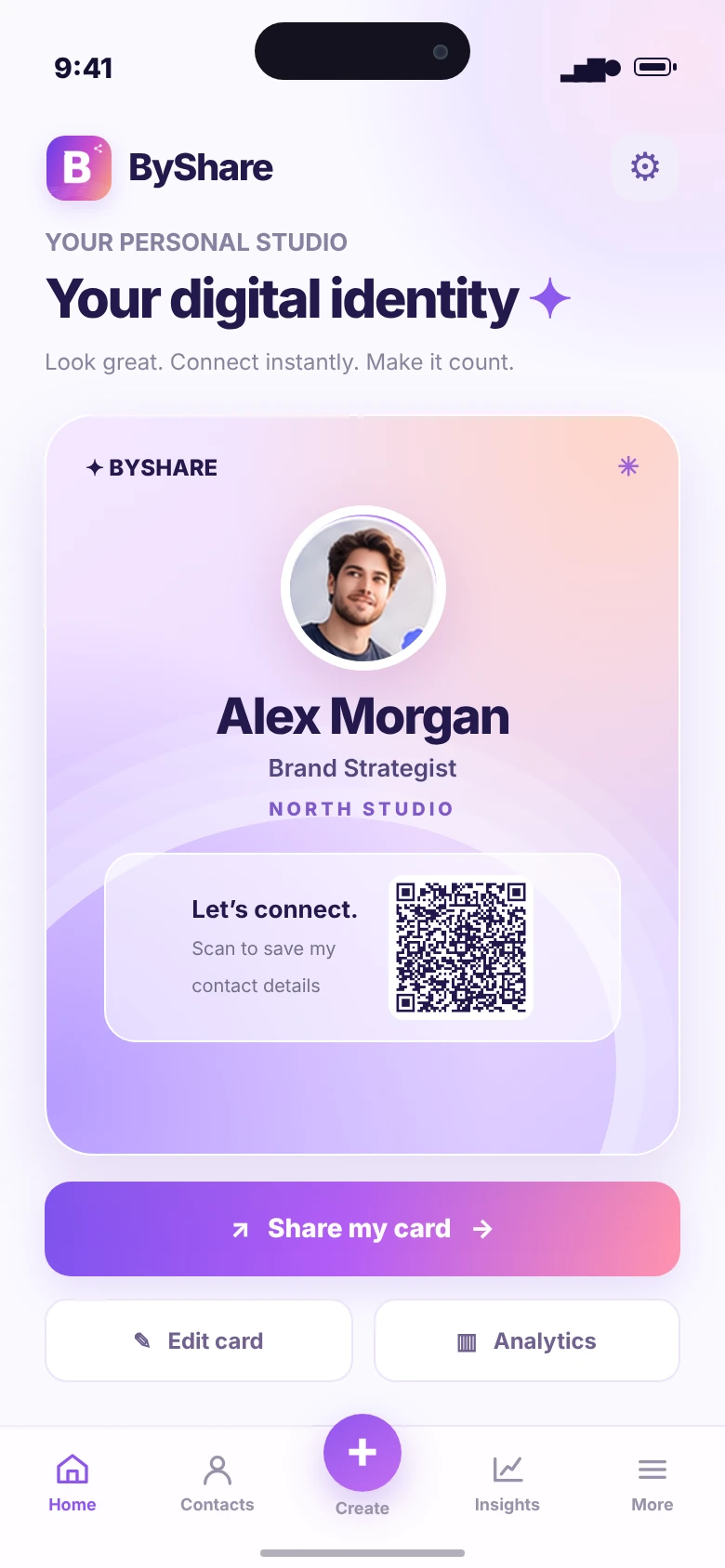 ByShare iOS-style Home preview, featuring a personal card with portrait and QR code