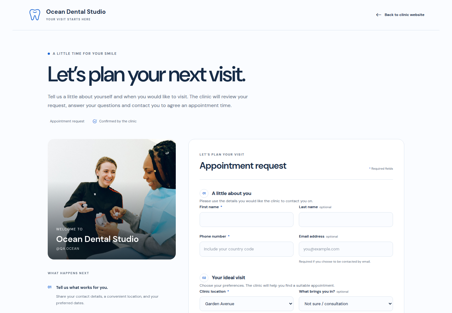 From discovery to an appointment request. — Illustrative product preview